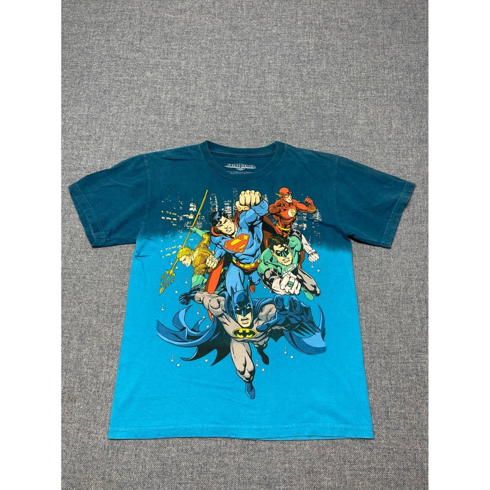 Justice League Boys XL 14/16 T-Shirt DC Comics Superheroes Ombre Blue Tie Dye